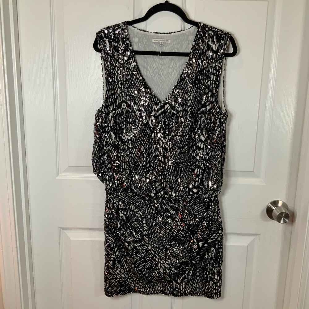 Rebecca Minkoff Spirit Animal Sequin Black Silver Silk Mini Dress Size 4 - Picture 2 of 9